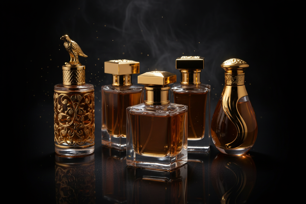 imagem em alta definição de perfumes arabes com fundo preto moderno âmbar amadeirado 